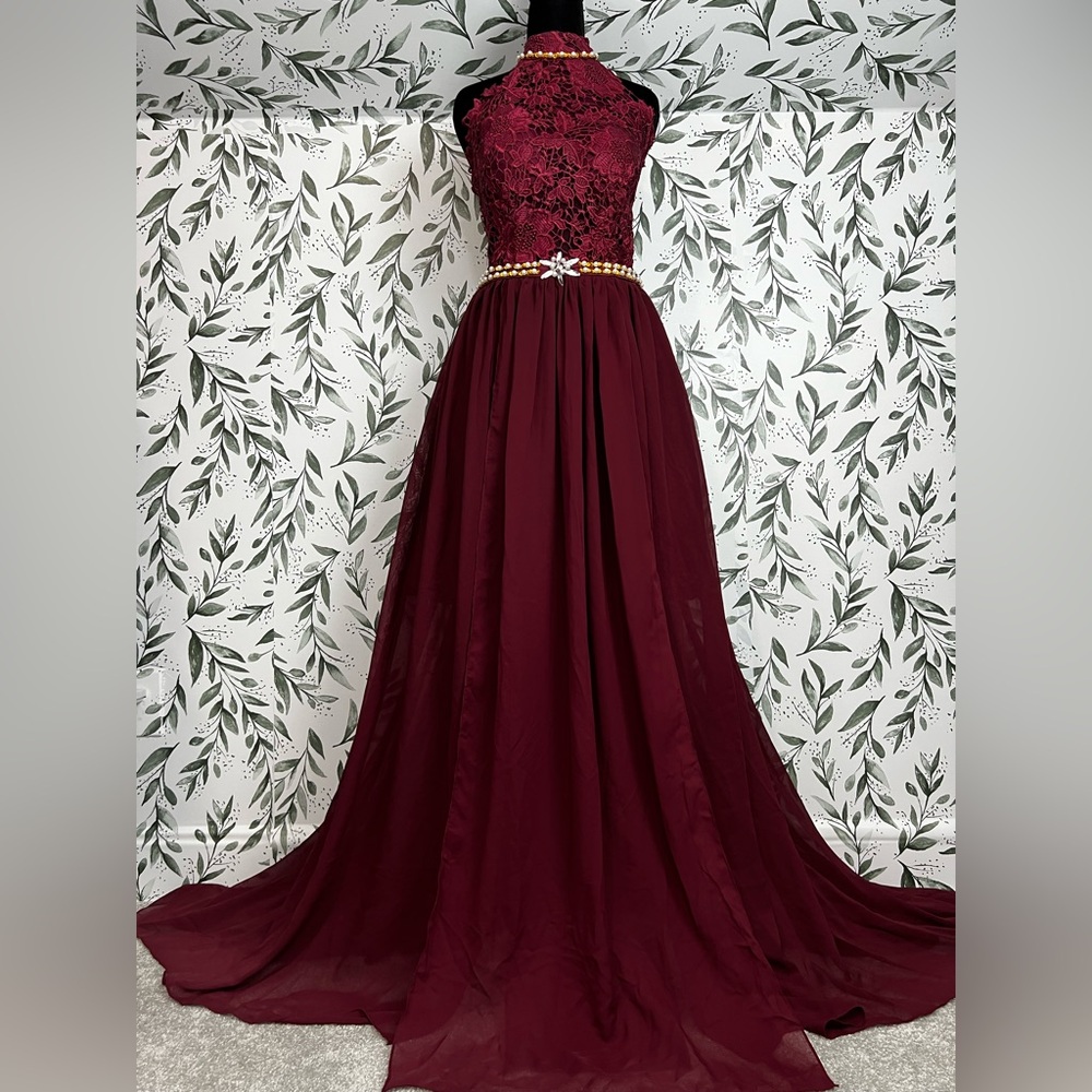Burgundy Lace Chiffon A-line Prom Bridesmaid Gown Pageant Wedding Cocktail Dress